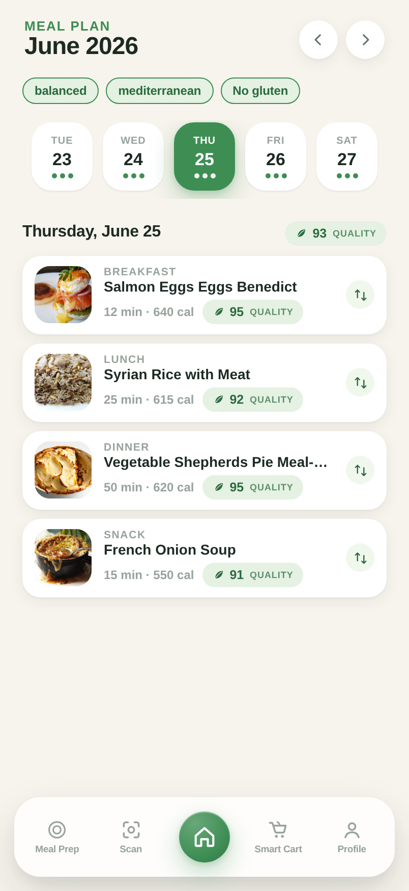 Monthly meal plan screen